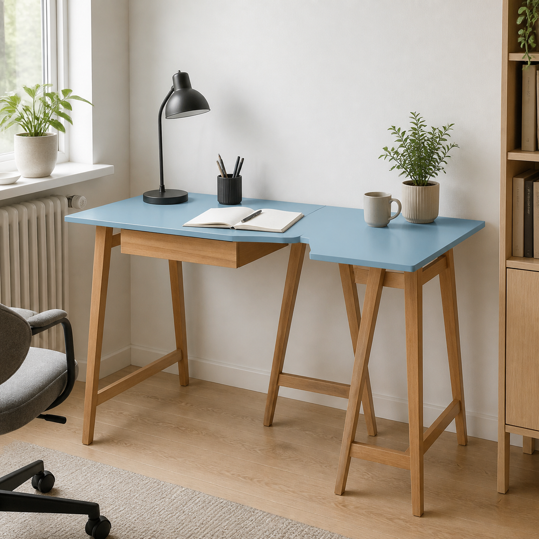 LUKA Hjørneskrivebord B115cm x D85cm Blå Eg Højre Side – supplerende neutral dagslysscene