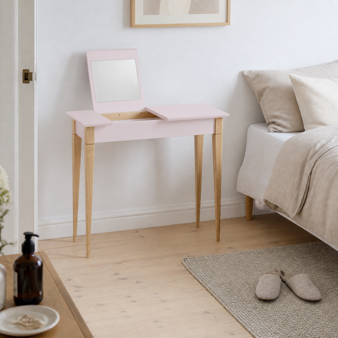MIMO Sminkebord med spejl - 105x35cm Pink – hele produktet lukket i hjemmet