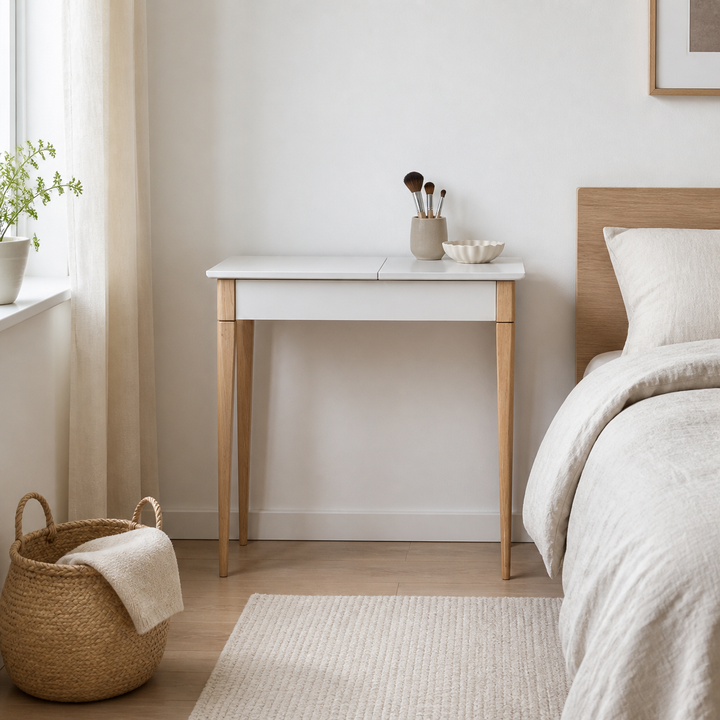 MIMO Sminkebord med spejl - 85x35cm Lysegrå – hele produktet lukket i hjemmet