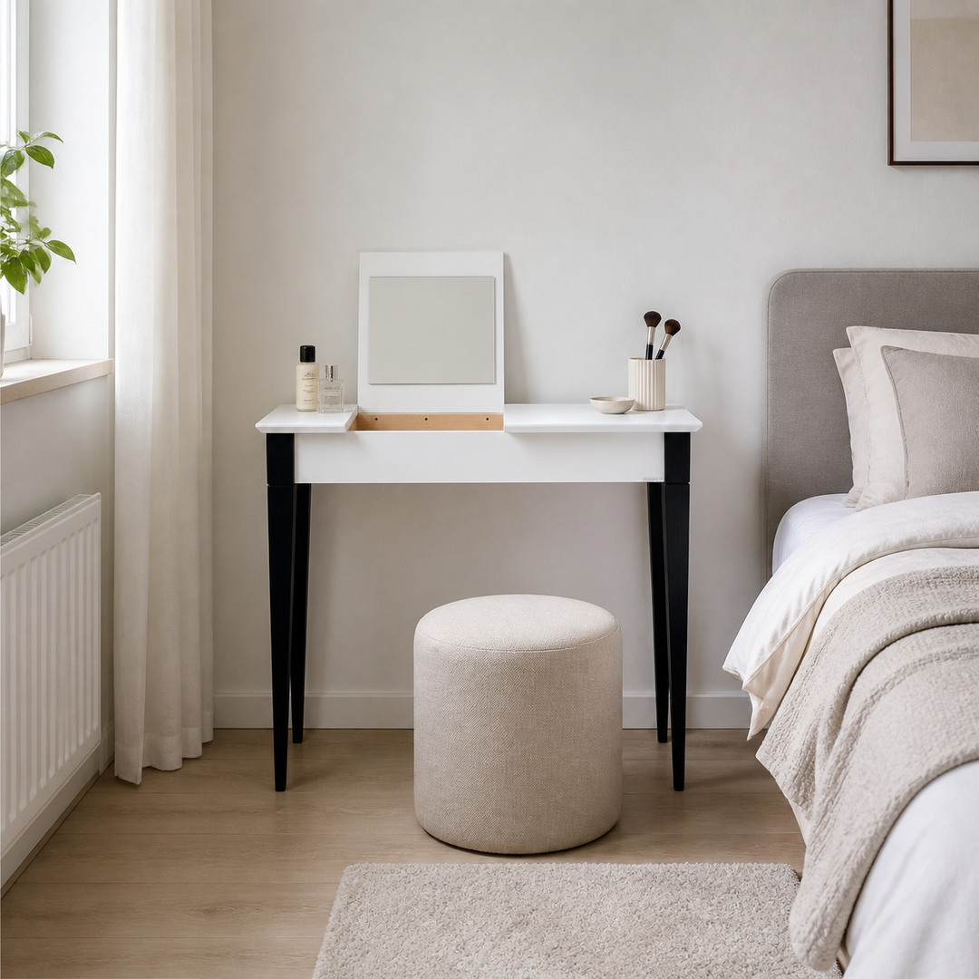 MIMO Sminkebord med spejl 85x35cm sorte ben / hvid – hero i naturlig brug