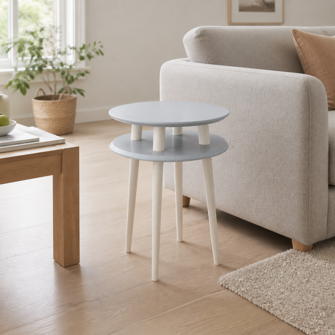 UFO Sidebord diameter 45cm x H 61cm - Lysegrå bordplade/hvide ben – anden naturlig anvendelse eller vinkel