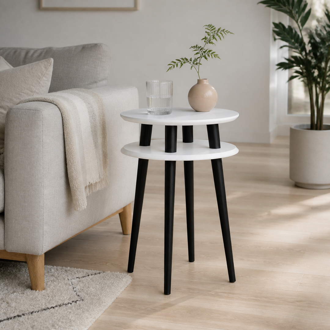 UFO Sidebord diameter 45cm x H 61cm Hvide sorte ben – hele produktet lukket i hjemmet