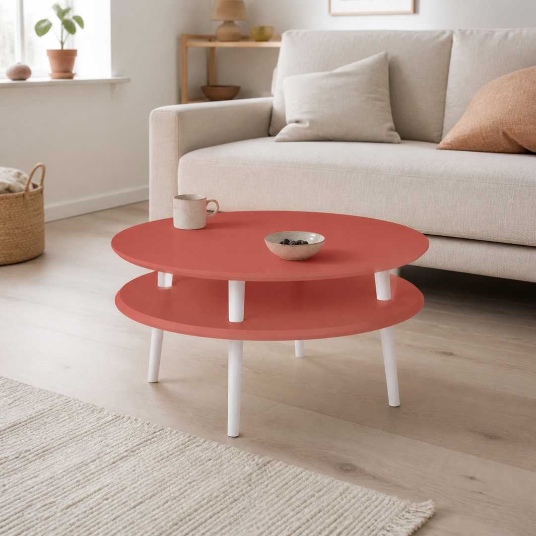 UFO Sofabord Diam 70cm x Højde 35cm Antik Pink Hvide Ben – vigtigste funktion