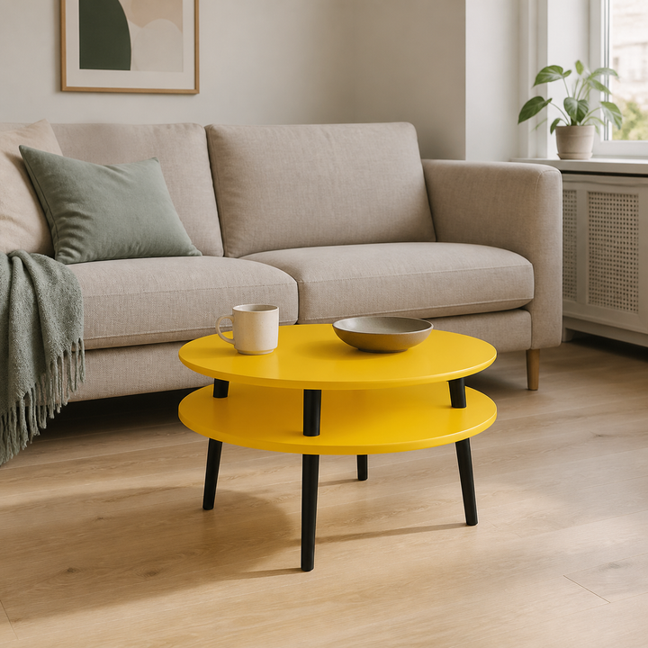 UFO Sofabord Diam 70cm x Højde 35cm Gul Sort Ben – hele produktet lukket i hjemmet