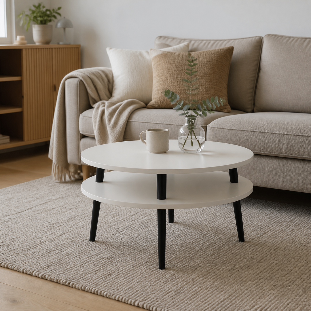 UFO Sofabord Diam 70cm x Højde 35cm Kridthvid med sorte ben – vigtigste funktion