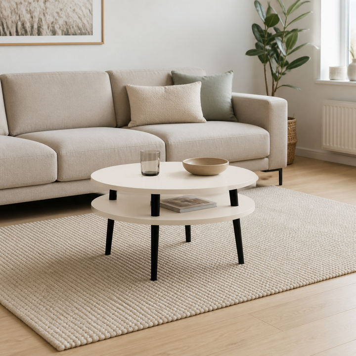 UFO Sofabord Diam 70cm x Højde 35cm Kridthvid med sorte ben – hele produktet lukket i hjemmet