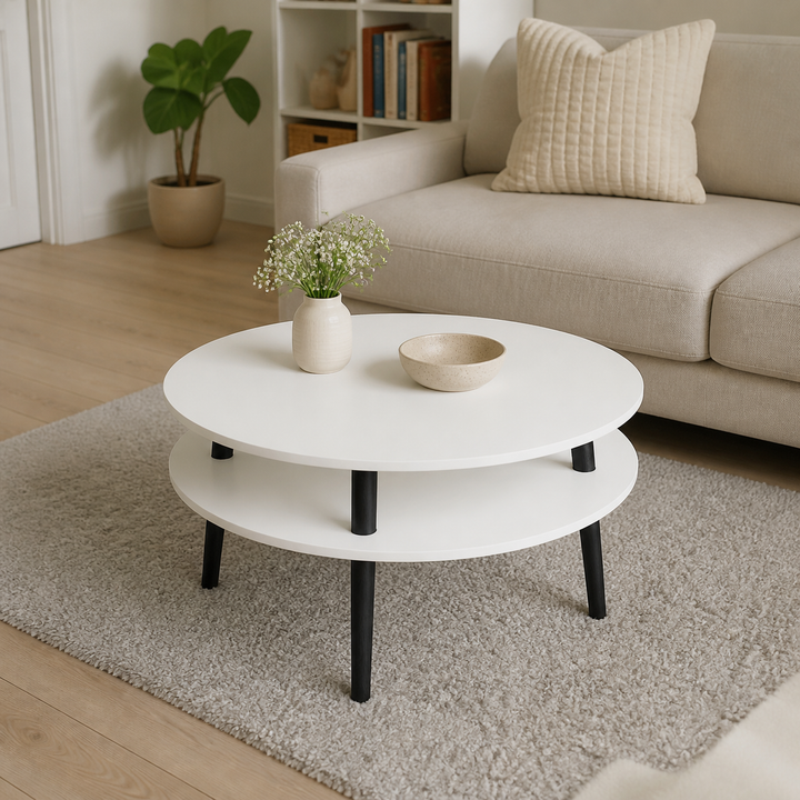 UFO Sofabord Diam 70cm x Højde 35cm Kridthvid med sorte ben – anden naturlig anvendelse eller vinkel