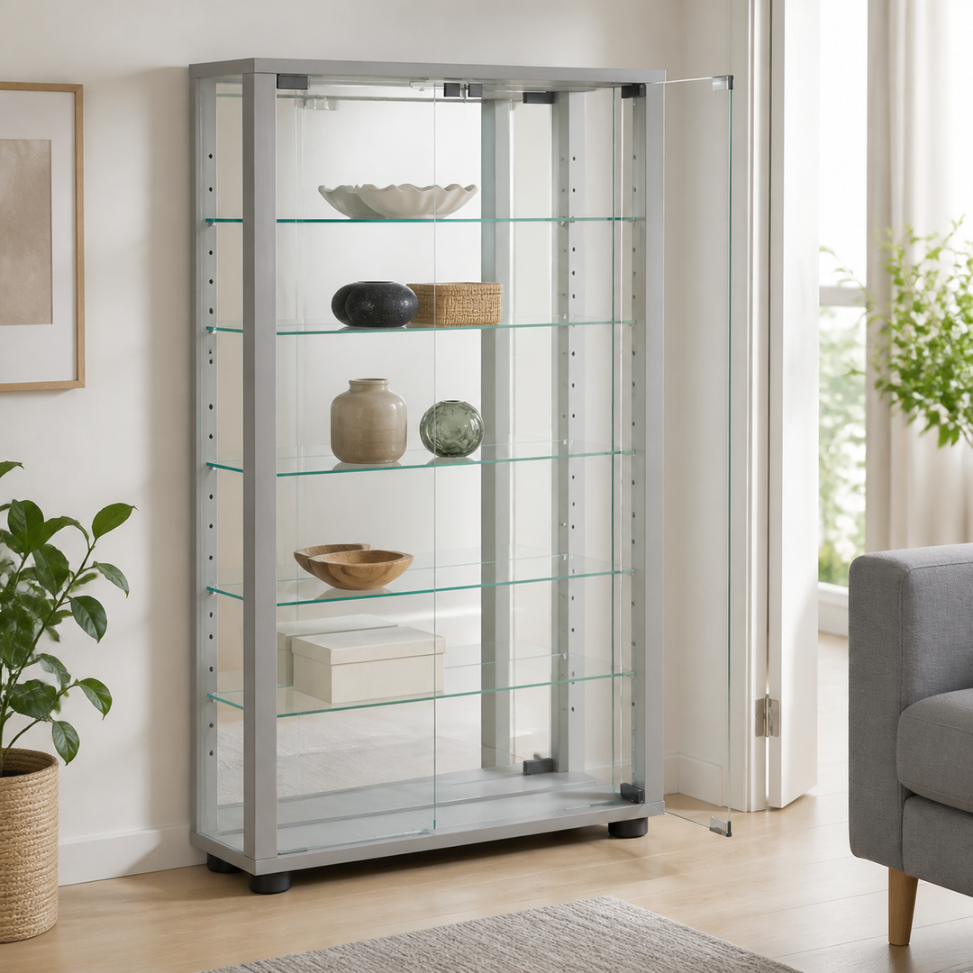 Gulv Vitrineskab "Lumo Mini" Med Spejl | Inkl. Led Lys, 91x59x18 cm, farve: sølv – vigtigste funktion
