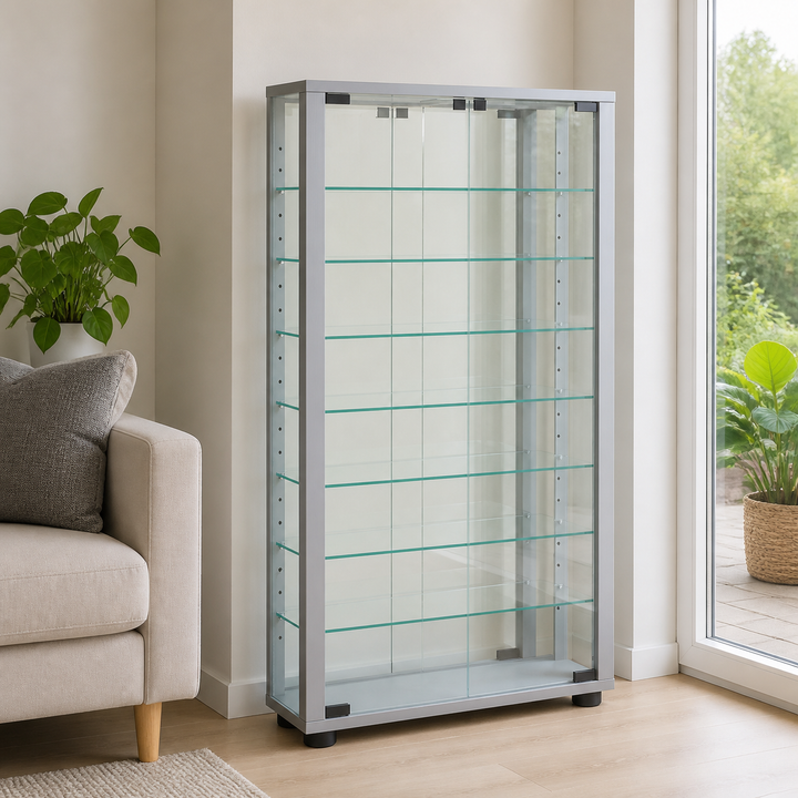 Gulv Vitrineskab "Lumo Mini" Med Spejl | Inkl. Led Lys, 91x59x18 cm, farve: sølv – hele produktet samlet og ryddeligt