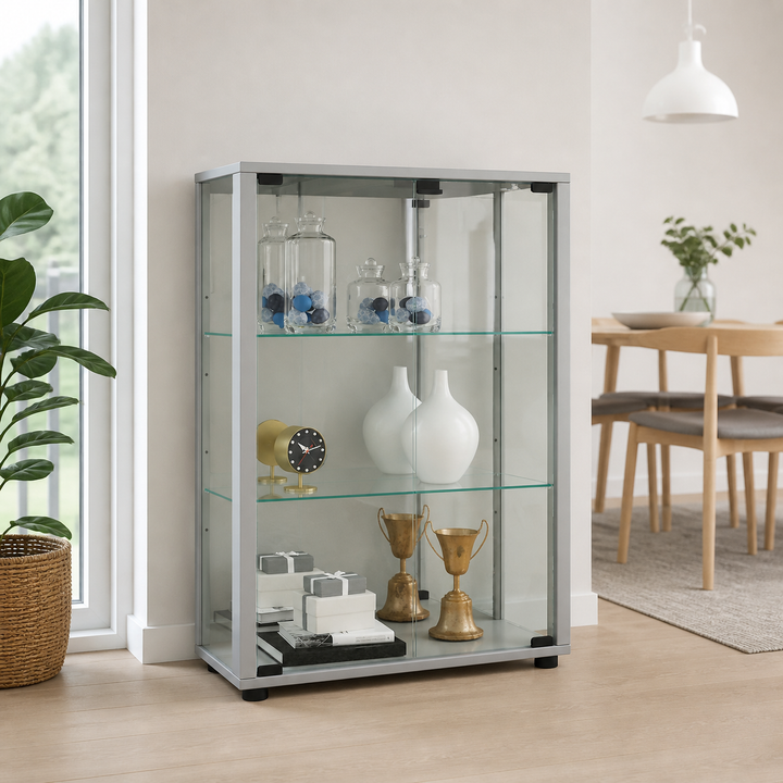 Gulv Vitrineskab "Sintalo" Med Spejl | Inkl. Led Lys, 80 x 60 x 25 cm, sølv – hele produktet samlet og ryddeligt