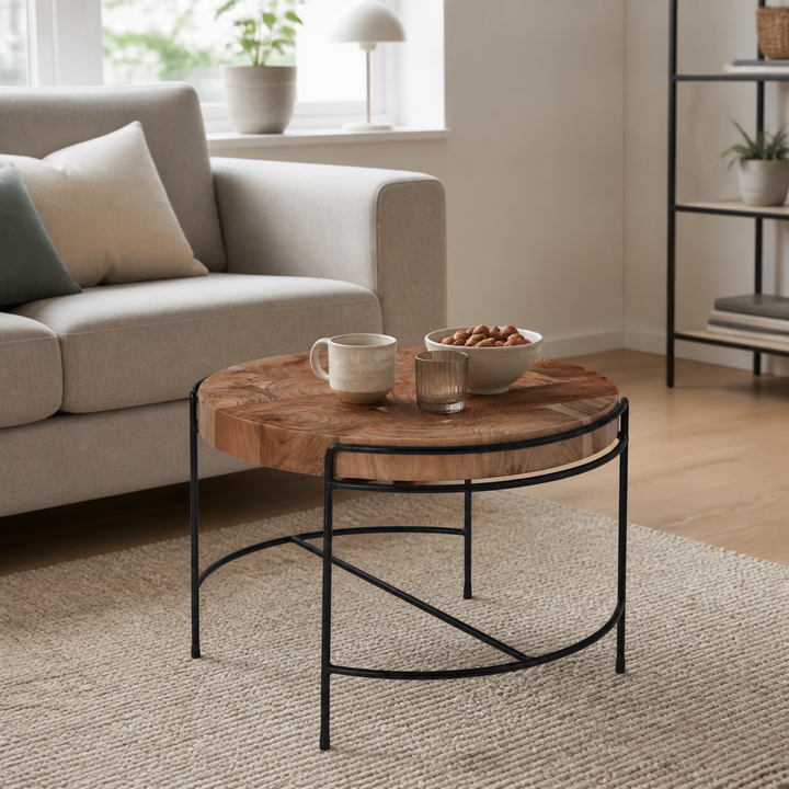 Indbydende sofabord i massivt akacietræ med metalben, 62x40x62 cm – vigtigste funktion