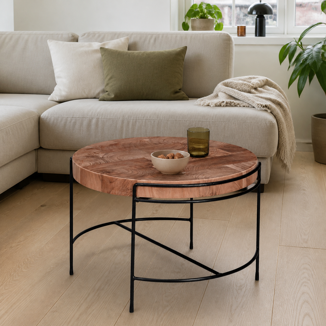 Indbydende sofabord i massivt akacietræ med metalben, 62x40x62 cm – hele produktet samlet og ryddeligt