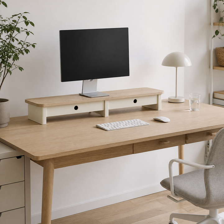 JUBI 109cm monitorskærmstativ med skuffer Ash Chalk White – hero i naturlig brug