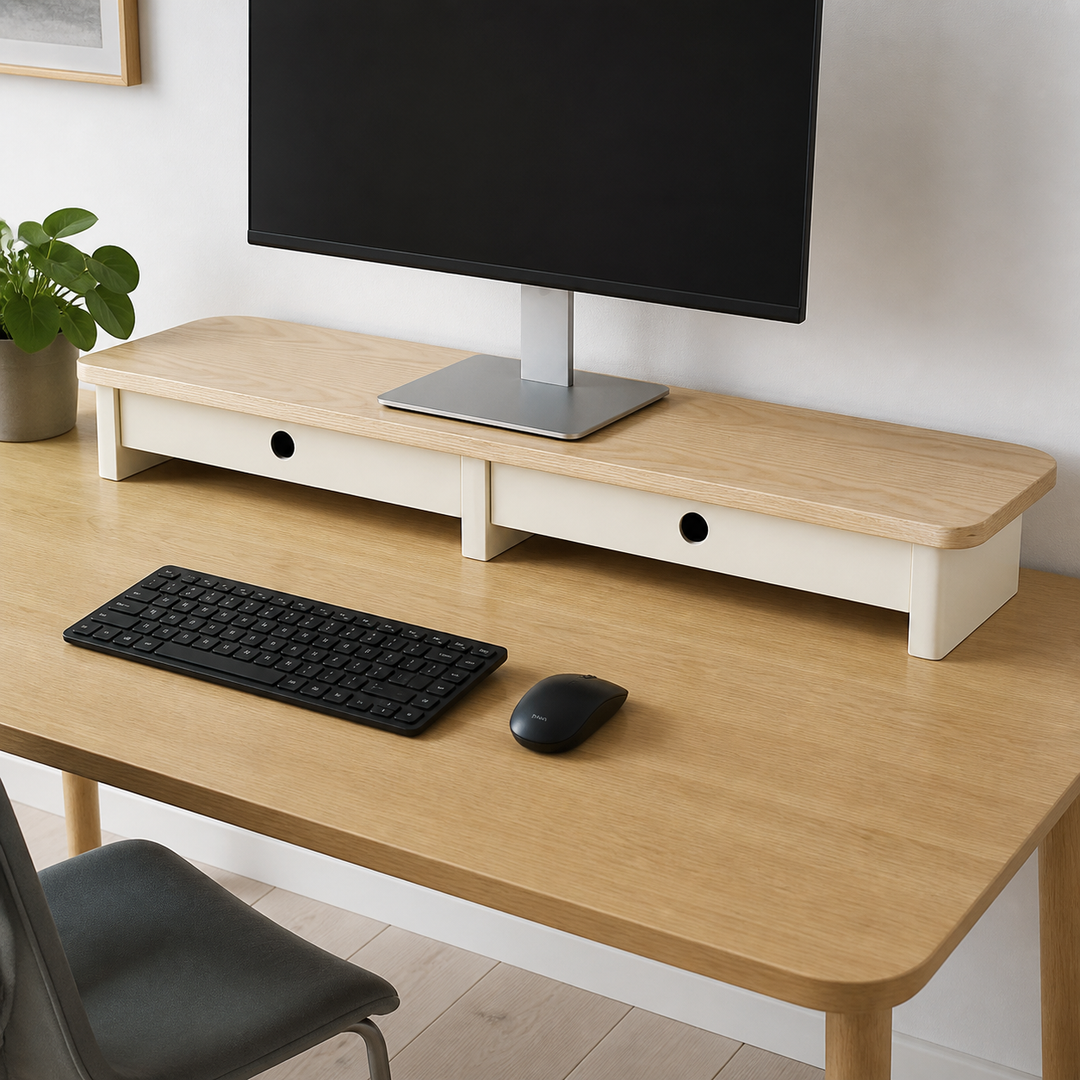 JUBI 109cm monitorskærmstativ med skuffer Ash Chalk White – materiale- eller konstruktionsdetalje