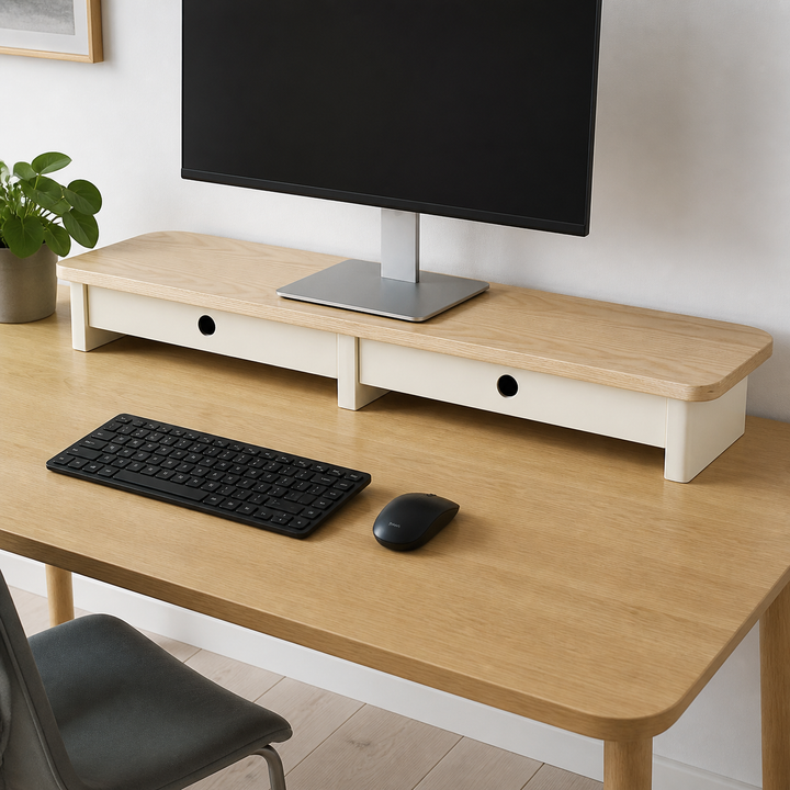 JUBI 109cm monitorskærmstativ med skuffer Ash Chalk White – materiale- eller konstruktionsdetalje