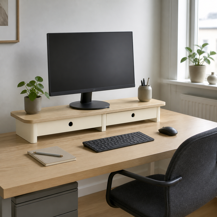 JUBI 109cm monitorskærmstativ med skuffer Ash Chalk White – supplerende neutral dagslysscene