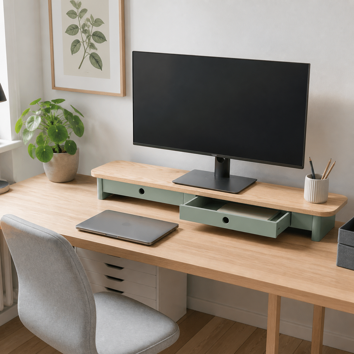 JUBI 109cm monitorskærmstativ med skuffer Ash Sage Green – vigtigste funktion