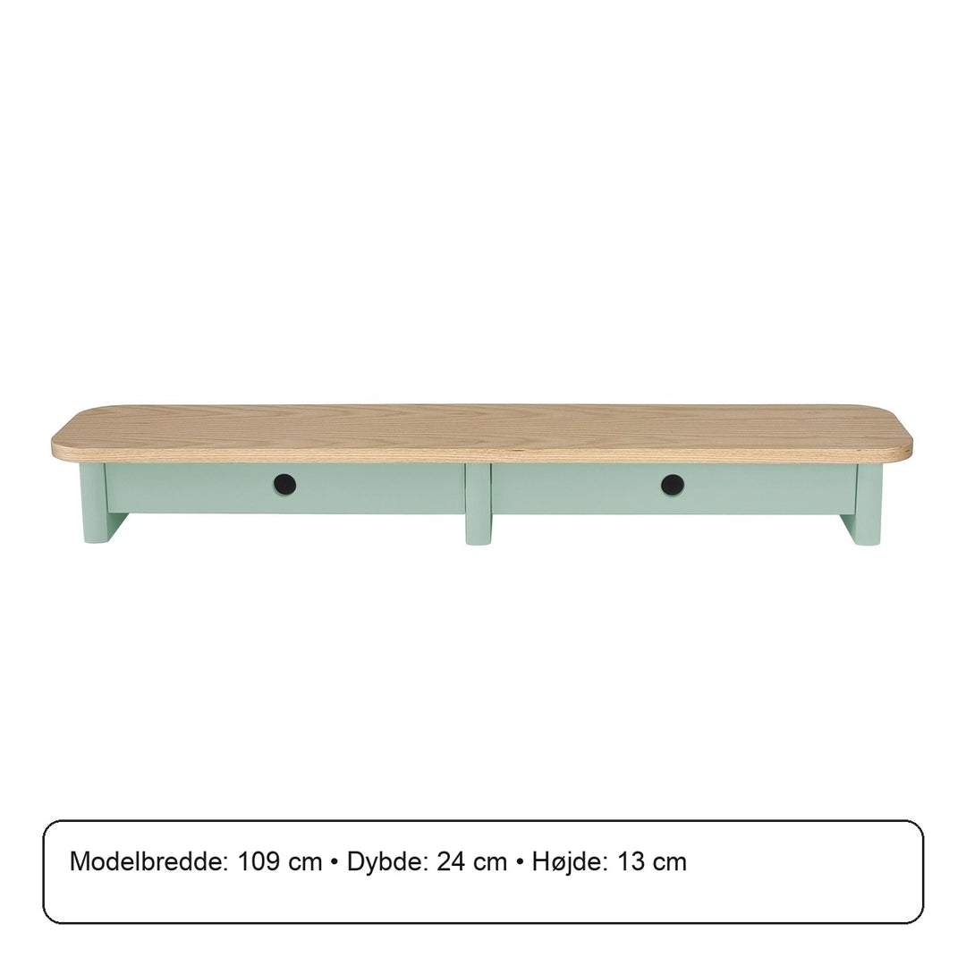 JUBI 109cm monitorskærmstativ med skuffer Ash Sage Green – måldiagram eller verificeret produktkort