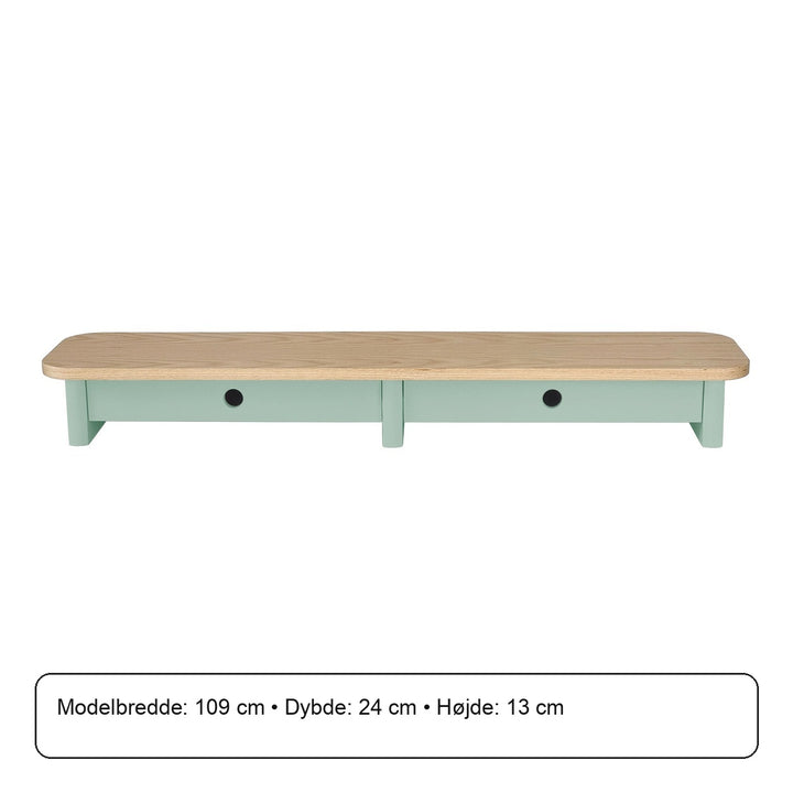 JUBI 109cm monitorskærmstativ med skuffer Ash Sage Green – måldiagram eller verificeret produktkort