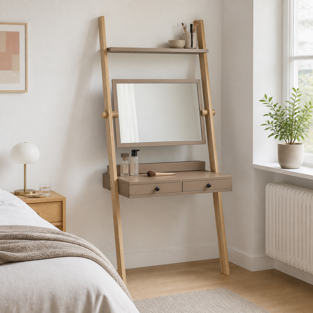 LENO sminkebord 79x183cm Asketræ Brun – supplerende neutral dagslysscene