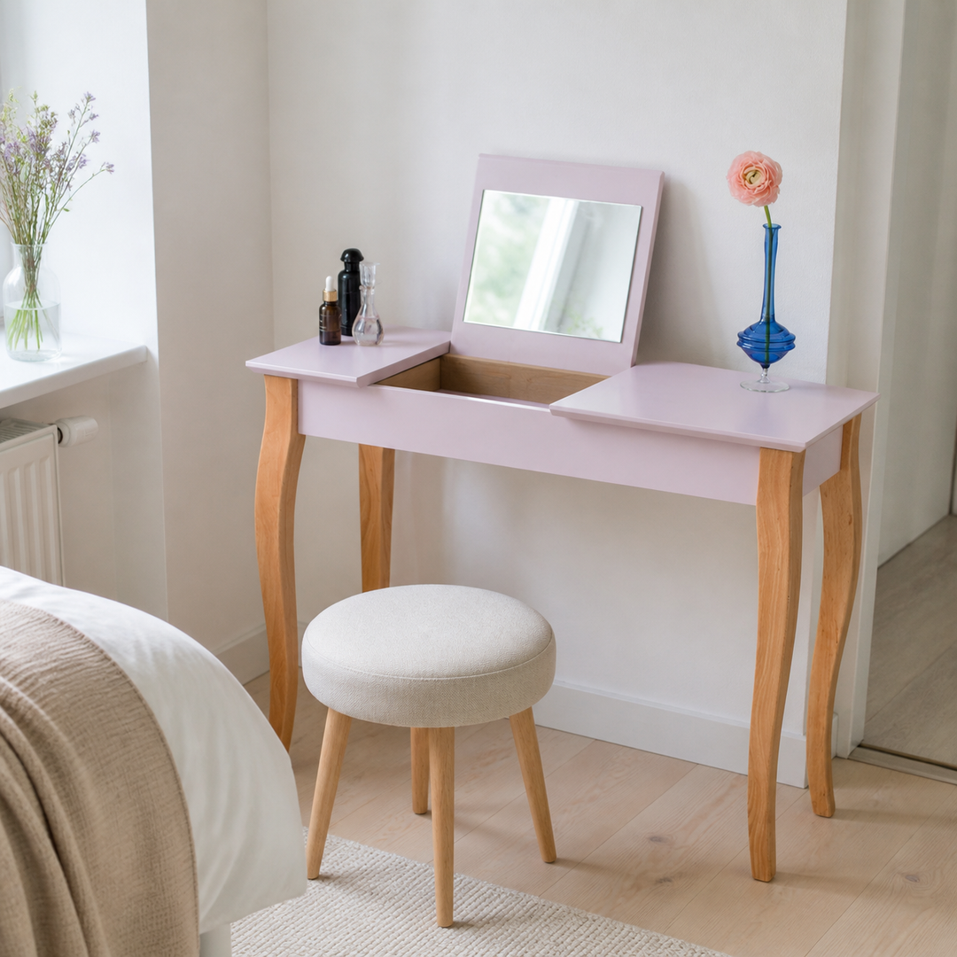 LILLO Sminkebord med spejl - 105x35cm Pink – supplerende neutral dagslysscene