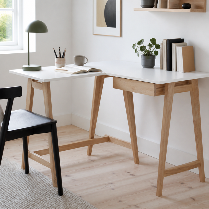 LUKA Asketræ Hjørneskrivebord B 115cm x D 85cm / Hvid Venstre Side – materiale- eller konstruktionsdetalje