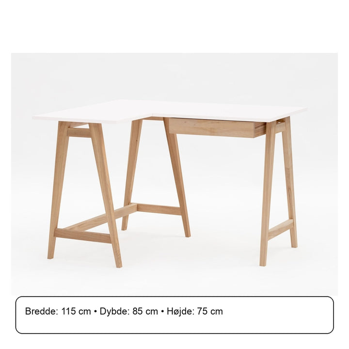 LUKA Asketræ Hjørneskrivebord B 115cm x D 85cm / Hvid Venstre Side – måldiagram eller verificeret produktkort