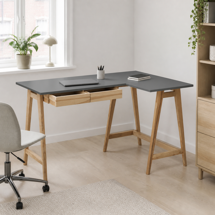LUKA Asketræ Hjørneskrivebord B 135cm x D 85cm / Mørkegrå Højre Side – vigtigste funktion