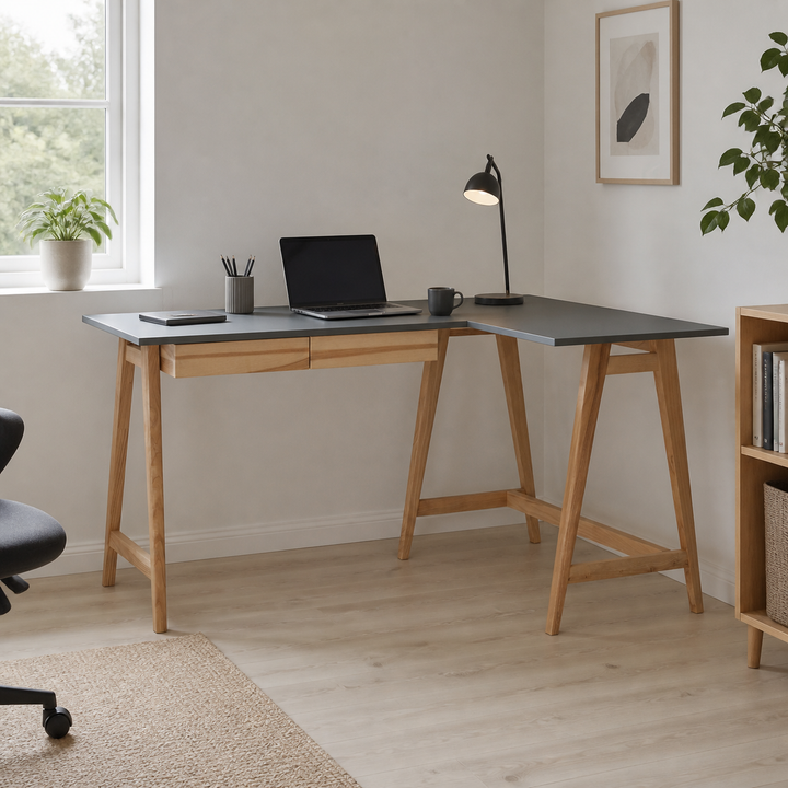LUKA Asketræ Hjørneskrivebord B 135cm x D 85cm / Mørkegrå Højre Side – supplerende neutral dagslysscene