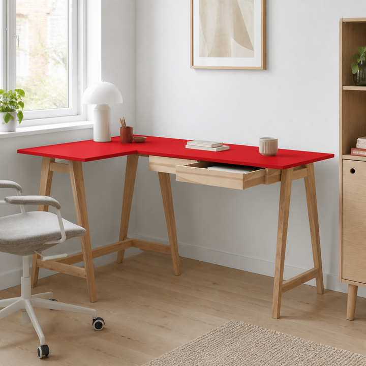 LUKA Asketræ Hjørneskrivebord B 135cm x D 85cm / Rød Venstre Side – vigtigste funktion