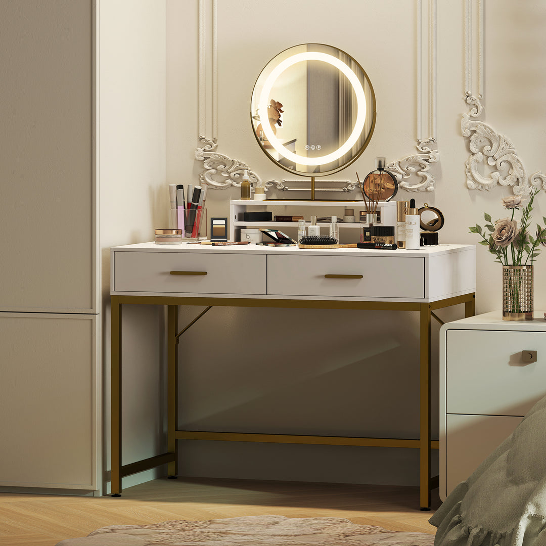 Sminkebord med 360° spejl, led-belysning, 2 skuffer, hvid/guld