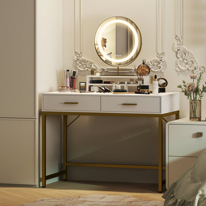 Sminkebord med 360° spejl, led-belysning, 2 skuffer, hvid/guld