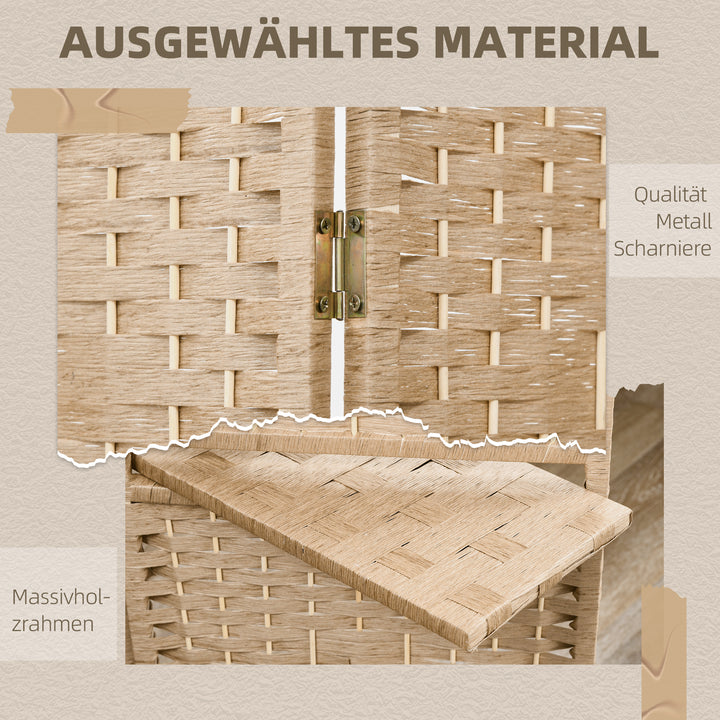 4-panels foldeskærm, 160 x 170 cm, foldbar skillevæg med 2 hylder, naturtræ