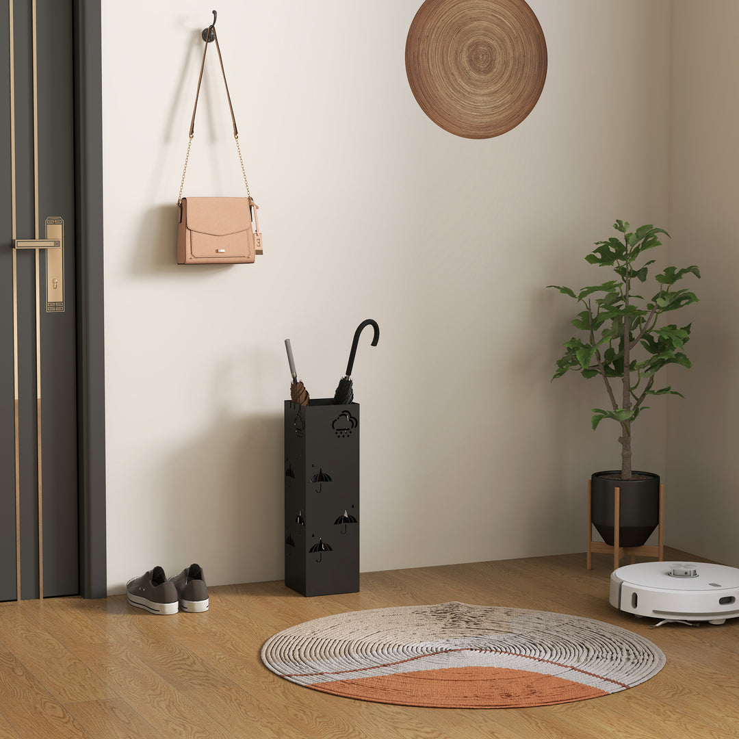 Metalparaplystativ med 4 kroge, sky- og paraplymønster, drypbakke, sort