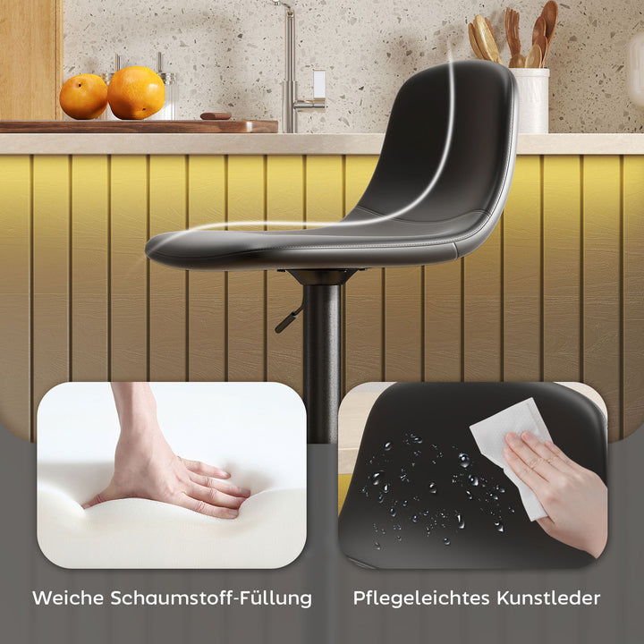 Sæt med 2 barstole, drejelige barstole i kunstlæder med ryglæn og fodstøtte, metalbase, sort