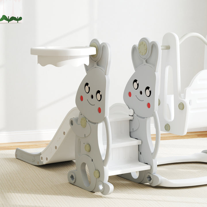 4-I-1 legesæt til småbørn med rutsjebane, gynge, klatrestativ, basketballkurv, plastik, kanindesign, grå