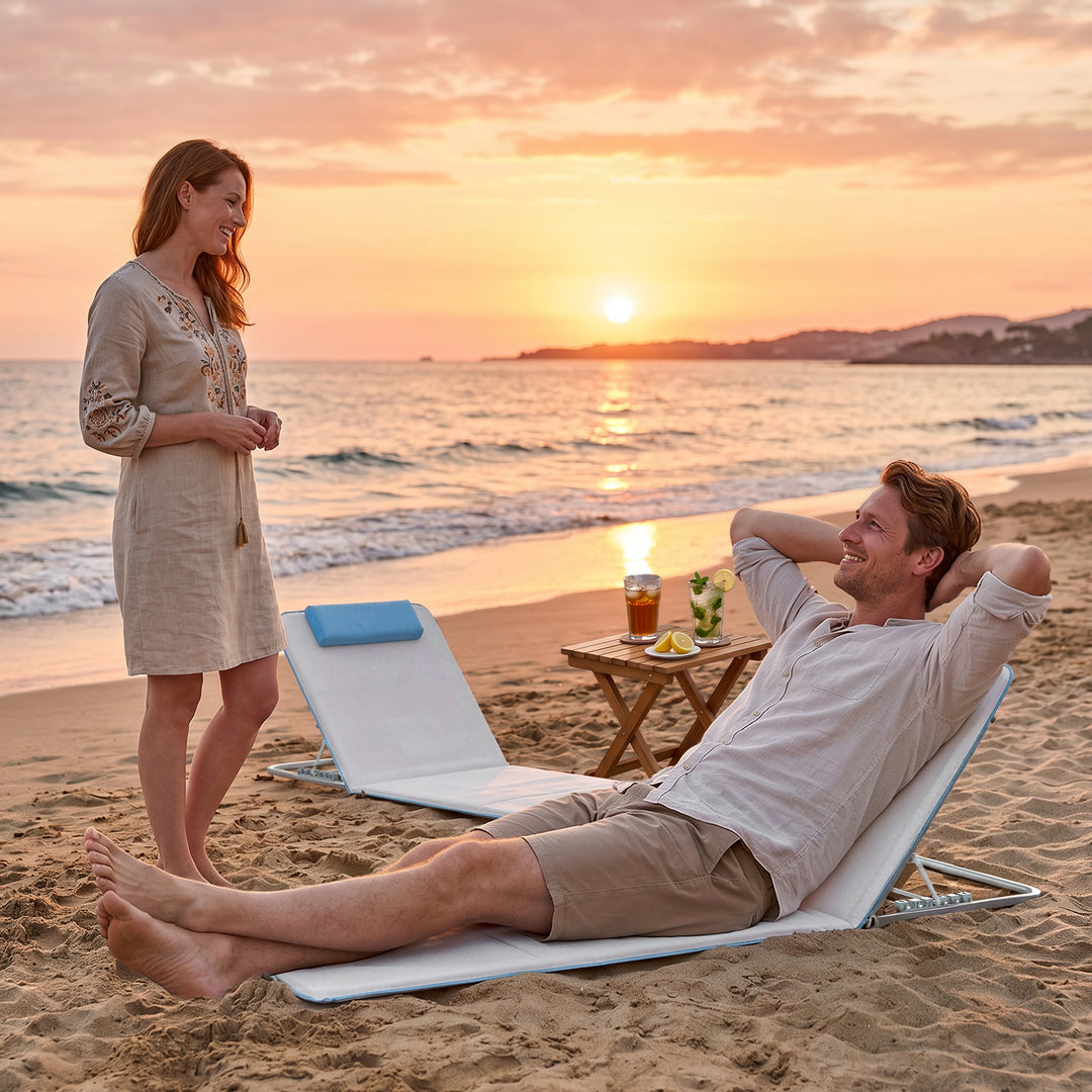 Strandstol, solseng, havestol, foldbar, justerbar ryglæn, sidelomme, 48 cm x 134 cm x 33-43 cm, beige