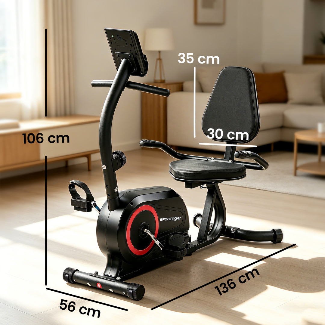 Liggecykel til hjemmebrug med 8 justerbare modstandsniveauer, magnetbremse, app, pulssensor, LCD-display og fodstropper.