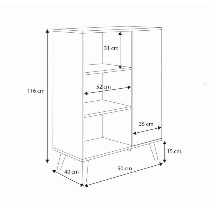 Bogreol Fondi - træben, højde 116 cm, bredde 90 cm, dybde 40 cm