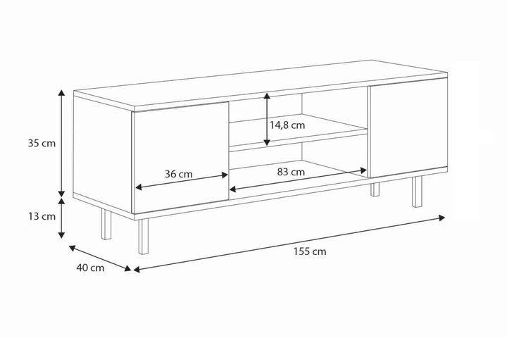 Lav TV-kommode 155 cm guldben, højde 48 cm, bredde 155 cm, dybde 40 cm