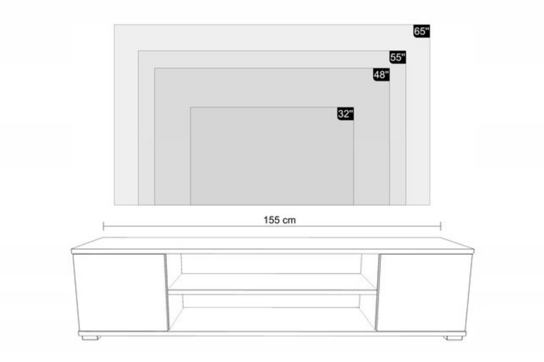 Lav TV-kommode, højde 37 cm, bredde 155 cm, dybde 40 cm, hvid