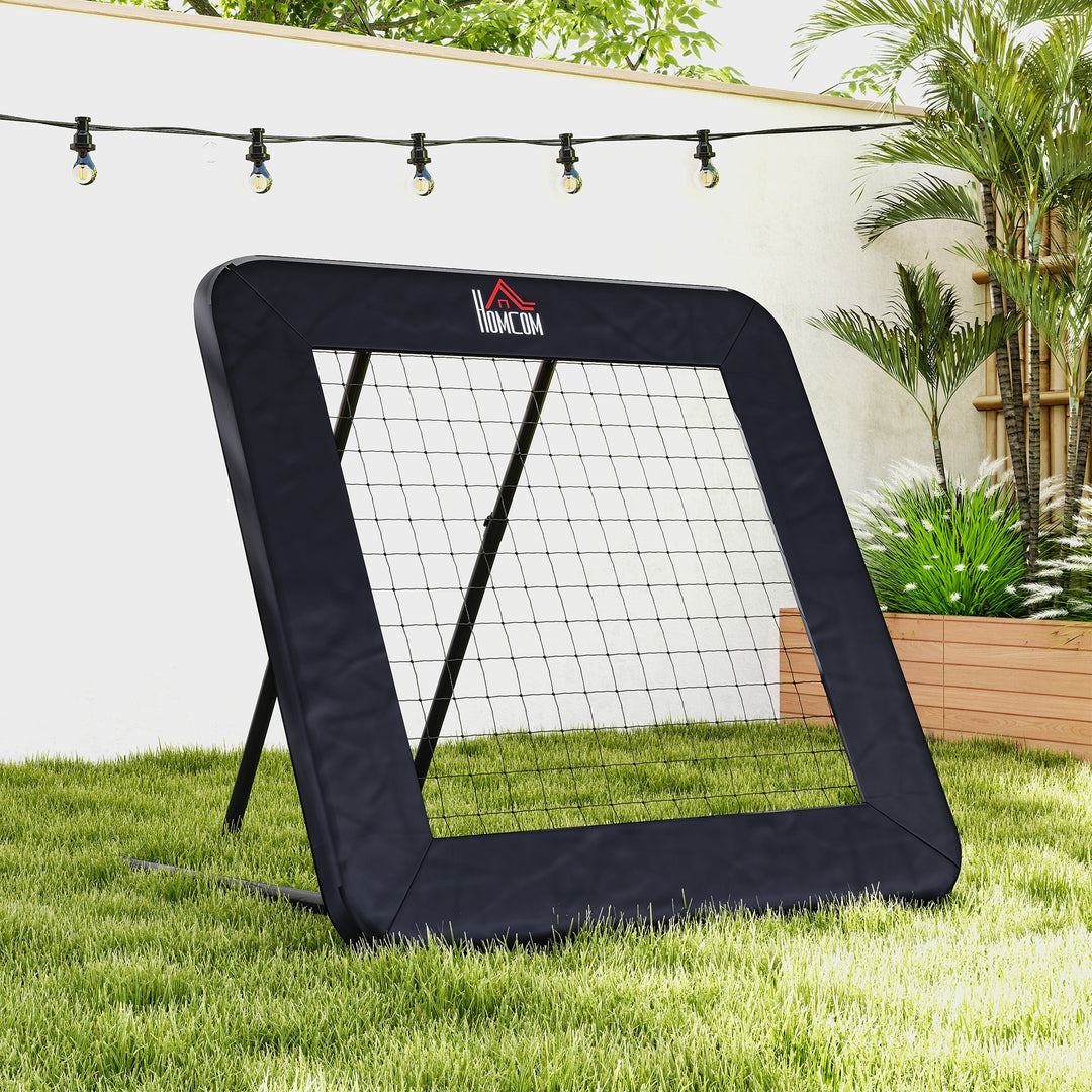 Rebounder til fodbold, 128 x 118 cm reboundvæg med beskyttende kantpinde, justerbar i 5 niveauer, bærbar rebound, fodboldmål til unge, reboundvæg til fodboldtræning, sort