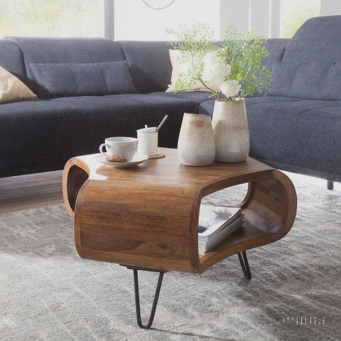 Håndlavet sofabord i organiske former, massivt træ, 55x38x55 cm, brun