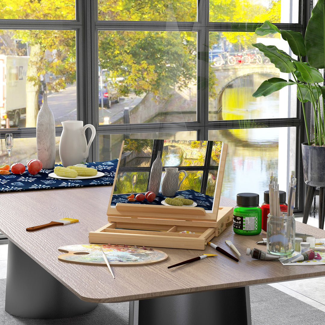 Bordstaffeli, lille staffeli, 1 skuffe, 3 rum, massivt træ, natur