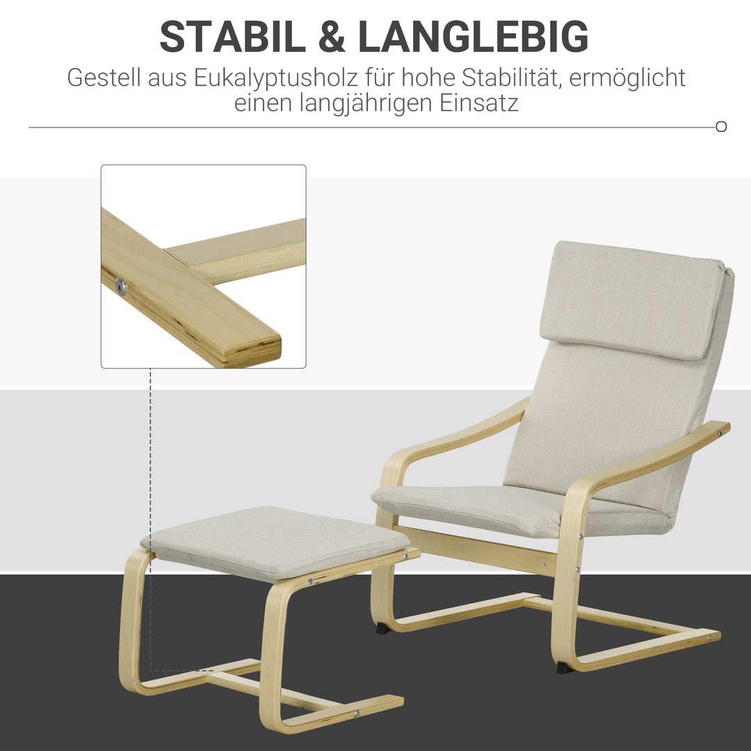 Loungestol med fodskammel, betræk i hørlook, træstel, op til 120 kg, cremehvid/natur