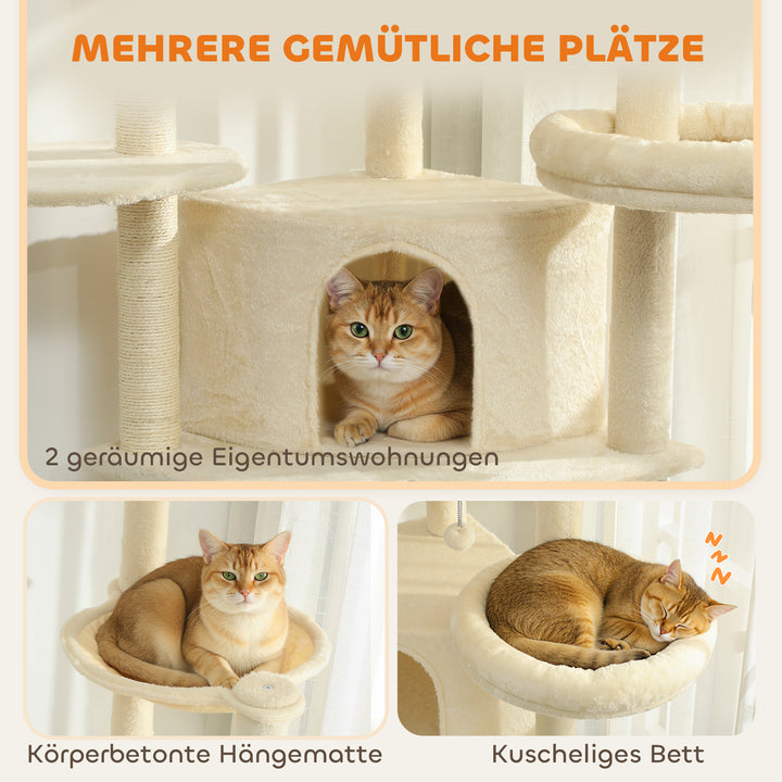 2 meter højt kradsetræ, stort til 2-3 katte, kradsetræer, huler, hængekøje, skjulesteder, design i flere niveauer, sisal, træ, plys, beige