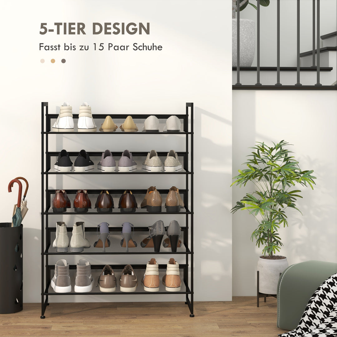 Lille skohylde, høj, smal, 5 hylder, 72 cm x 30 cm x 102 cm, sort