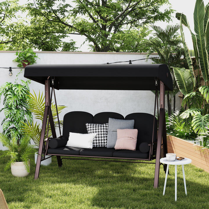 Hollywood gynge til 3 personer, vipbart tag, metalramme, brun+sort, 116 x 206 x 183 cm