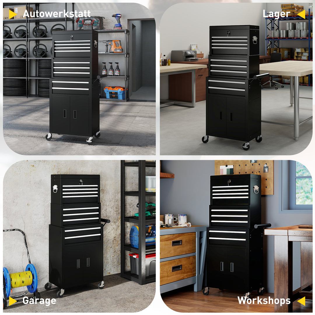 3-i-1 værktøjskasse, værktøjsskab med 4 hjul, aflåselig værktøjskasse med 9 skuffer, stål, sort