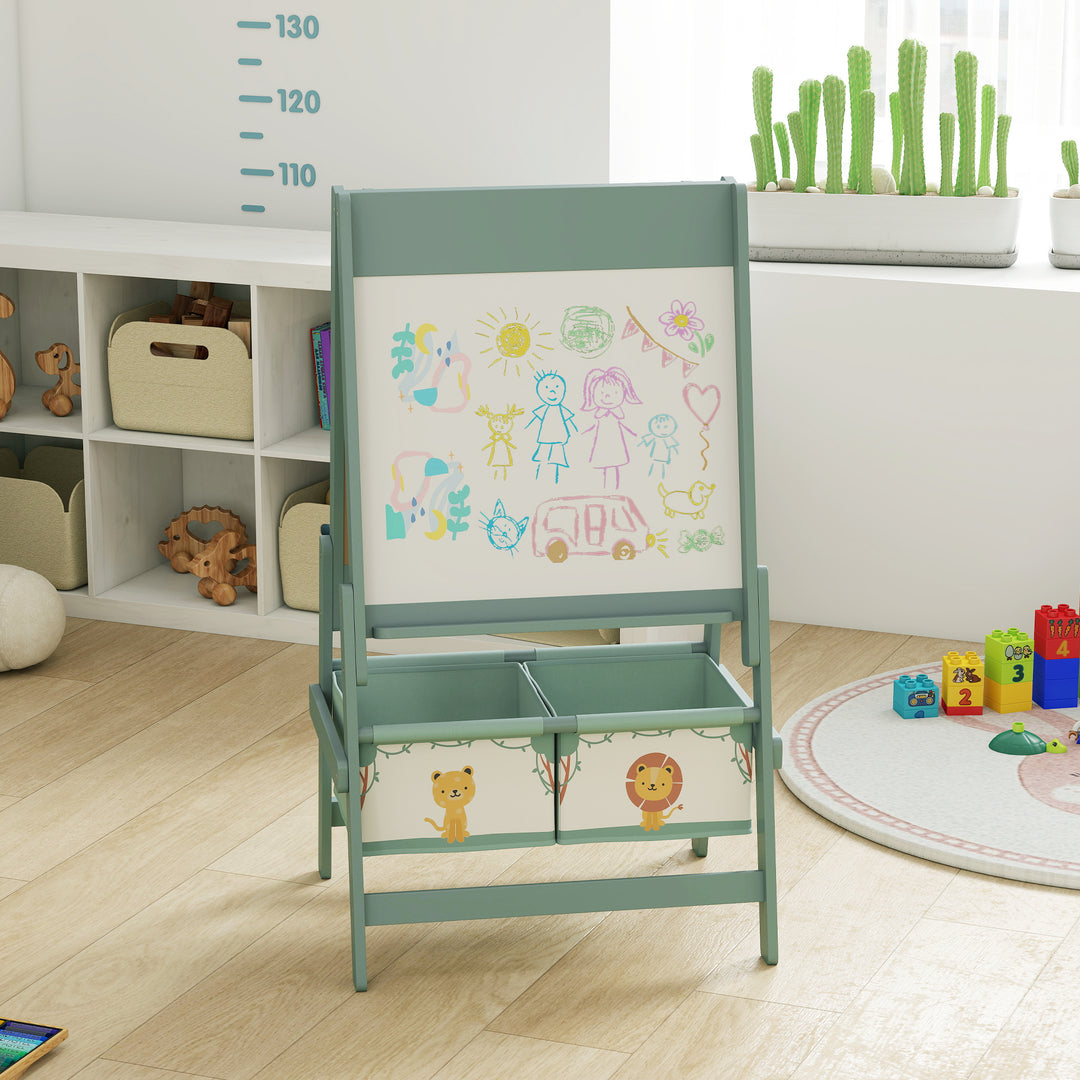 Børnestaffeli 3 i 1 børnetavle med tavle, whiteboard, papirrulle, 2 opbevaringskasser, til 3-8 år, grøn